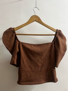 Brown Off-Shoulder Ribbed Top