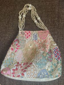 Embroidered Pearl Handle Handbag