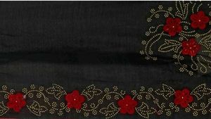 Elegant Black Saree with Red Floral Embroidery