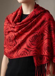New Red Rose Print Shawl with Tassels