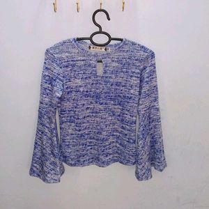 Boho Bell Sleeve Blue &amp; White Top