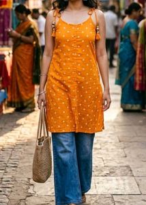 Bright Orange Polka Dot strep Kurti