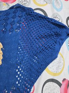 Chic Blue Crochet Knit Top with Doll Applique