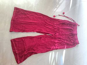 Vibrant Red Palazzo Pants with Embellished Hem