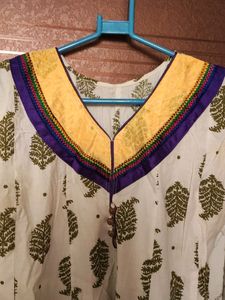 Cream Kurta With mehendi green Block Prints