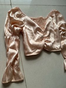 Satin Ruched Front Puff Sleeve Top