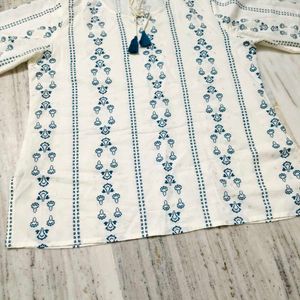 White &amp; Blue Printed Tassel Kurta