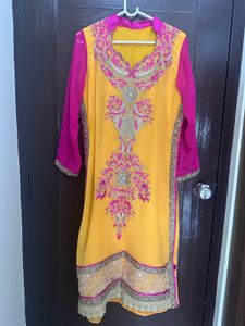 Elegant Yellow &amp; Pink Embroidered Suit