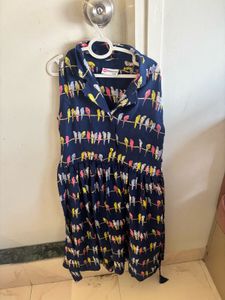 Navy Blue Bird Print Sleeveless Dress