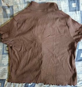 Brown Lettuce Hem Button-Up Top