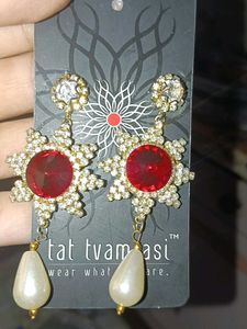 Stunning Red &amp; Pearl Dangle Earrings