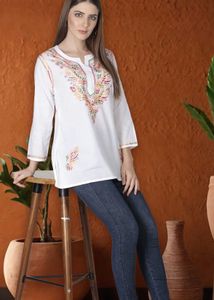 Embroidered White Cotton Kurti
