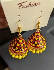 Meenakari Jhumka - Red &amp; Yellow