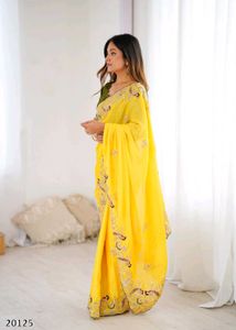 Elegant Yellow Embroidered Premium Chinon Silk Sar
