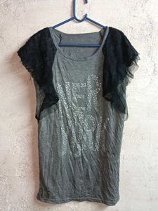 Grey T-Shirt with Lace Sleeves