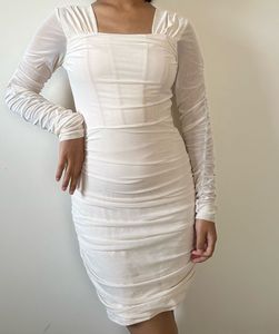 Cream Ruched Long Sleeve Dress
