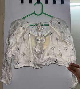 Elegant White Blouse with Mirror Work