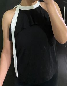 Chic Black Halter Neck Top with White Trim