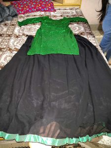 Sparkling Green &amp; Black Lehenga Set