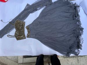 Sparkling Sequin Blouse &amp; Grey Tulle Lehenga Set