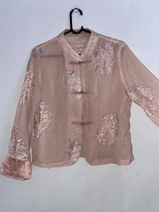Sheer Embellished Mandarin Collar shirt