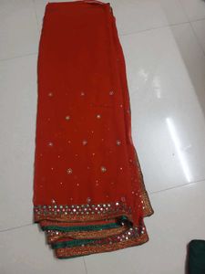 Orange Embroidered Saree with Mirror Work