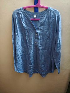 Blue V-Neck Button-Up Tunic Top