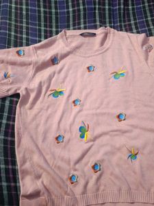 Pink Embroidered Short Sleeve Sweater