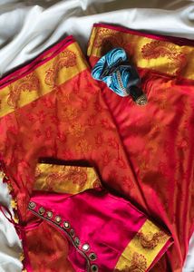Vibrant Red Silk Saree with Gold Border