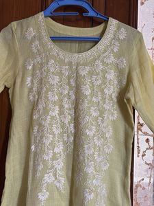 Light  lemon Yellow Kurta with White Embroidery