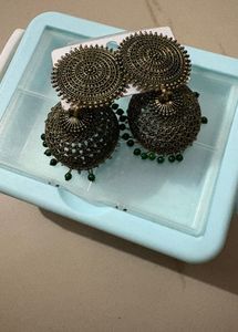 Oxidised Jhumka Earrings with Green Beads