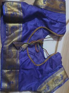 Royal Blue Silk Blouse with Gold Border