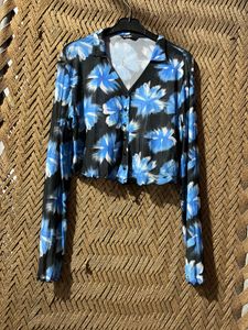 Sheer Floral Print Button-Up Crop Top