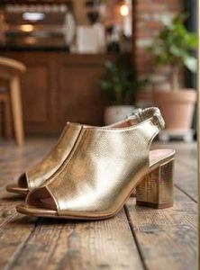 Gold Peep-Toe Slingback Block Heels