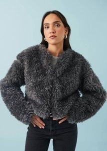 Gina Tricot Grey Shaggy Faux Fur Jacket