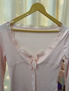 Cute Pink Lace Trim Long Sleeve Top size S BRAND N
