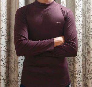 Men's Burgundy Mock Neck Long Sleeve T-Shirt