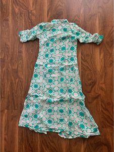 Elegant White &amp; Teal Printed Kurta