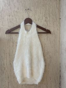 Fuzzy Cream Halter Neck Top