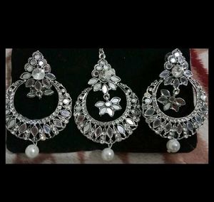 Elegant Silver Jhumka & Maangtika Set