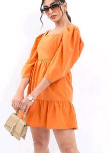 Orange Puff Sleeve Mini Dress
