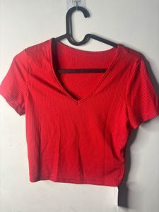 Red Ribbed V-Neck Cropped Top