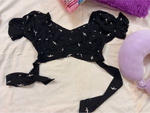 Goa Black Bird Print Wrap Crop Top🐦‍⬛