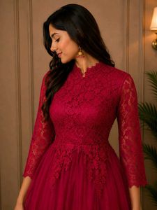 Elegant Red Lace &amp; Tulle Gown