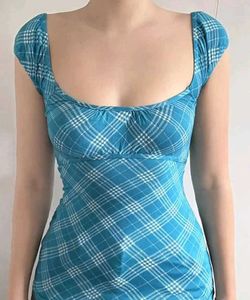 Blue Plaid Square Neck Top