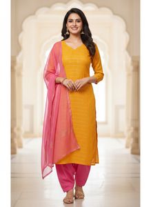 Yellow Kurti with Pink Salwar and Dupatta Set.