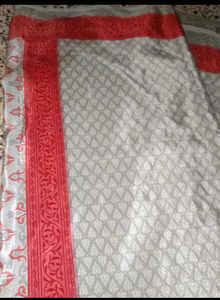 satin Grey Saree with Red Bord