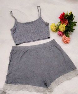 Cozy Grey Ribbed Cami &amp; Lace Trim Shorts Set