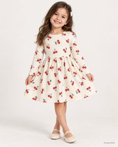 Cute Cherry Print Long Sleeve Pure Cotton Dress