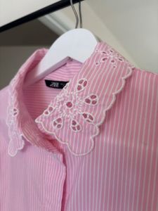 Zara Pink Striped Lace Collar Crop Top
